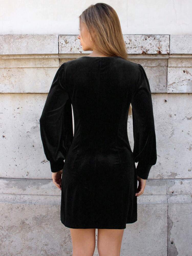 Women'S Velvet Solid Color Lantern Sleeve Dress With Large Buttons Winter Elegant Black Evening Dress