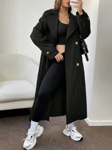 SHEIN EZwear 翻領紐扣長風衣 - 黑色 - 查看 1