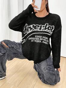 Flirla Pull oversize décontracté pour femmes avec imprimé slogan, tricot pull automne hiver - Noir - Voir 1