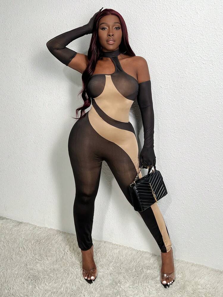 Sexy Halterneck Sleeveless Contrast Color Tight See-Through Women's Bodysuit