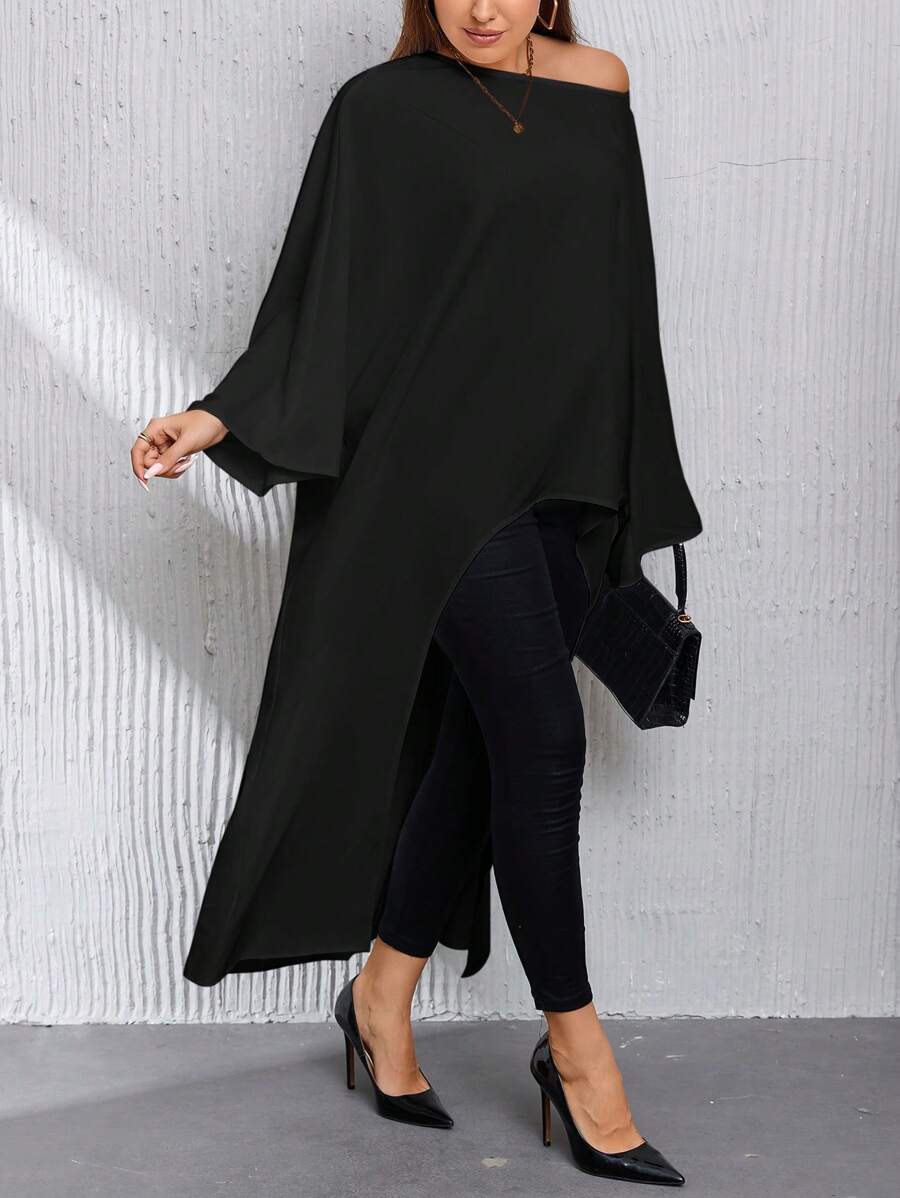 SHEIN Privé Plus Size Asymmetric Hem Batwing Sleeve Long Blouse - Black - View 1