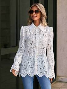 SHEIN Frenchy 女士刺繡長袖襯衫 - 白色 - 查看 1