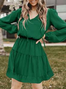 純色收腰荷葉邊洋裝 - 綠色 - 查看 1