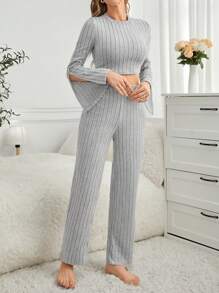 Quý cô màu trơn Đồ đan Ribbed Trang phục mặc nhà Bộ - Màu xám đen - Xem 3