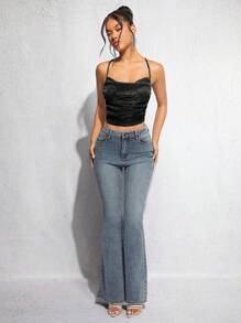 SHEIN BAE Draped Crisscross Backless Ruched Glitter Cami Top - Black - View 4