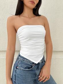 SHEIN Essnce Plus Size Women's Autumn Casual Fashion Slim Fit White Asymmetric Hem Gathered Tube Top, Going Out Tops, Fall Women Clothes, Curv Tops