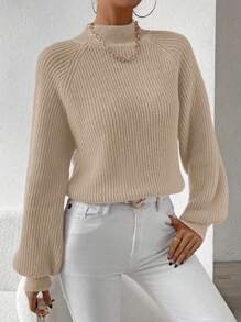 SHEIN Essnce 女款立領插肩袖長袖毛衣套頭衫 - 杏色 - 查看 7