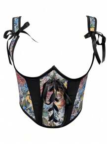 Floral Print Tie Shoulder Cami Top - Black - View 1