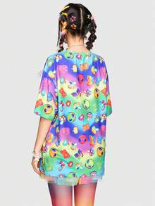ROMWE Kawaii Women's Alien Pattern Ombre Short Sleeve T-Shirt - Multicolor - View 3