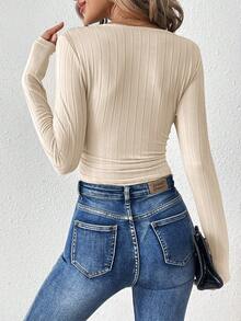 SHEIN Frenchy 女士貝殼邊肋紋條紋t恤 - 杏色 - 查看 2