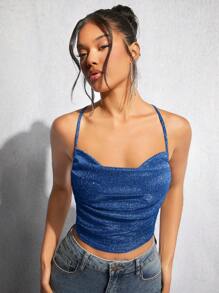 SHEIN BAE 垂墜露背交叉褶邊金屬亮絲吊帶上衣 - 寶藍色 - 查看 1