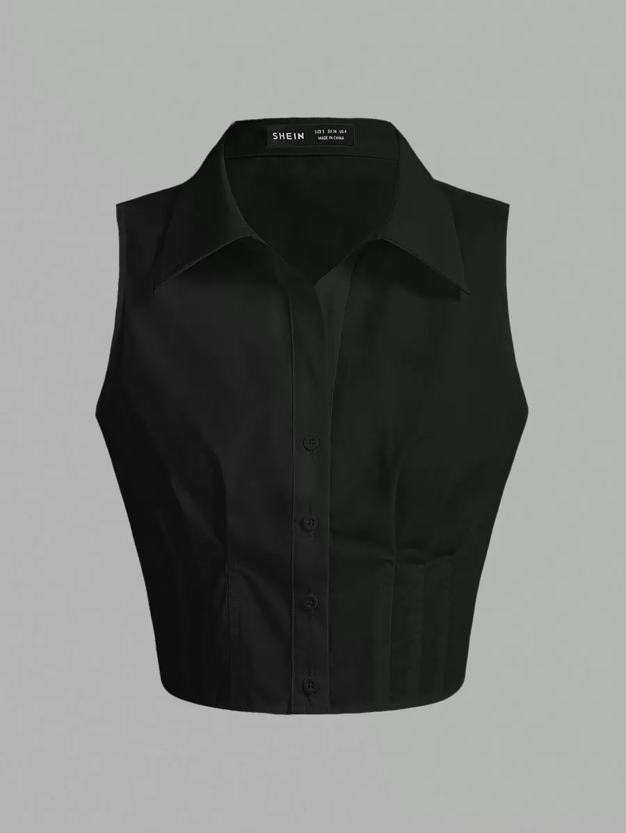 SHEIN EZwear Solid Color Sleeveless Shirt - Black - View 1