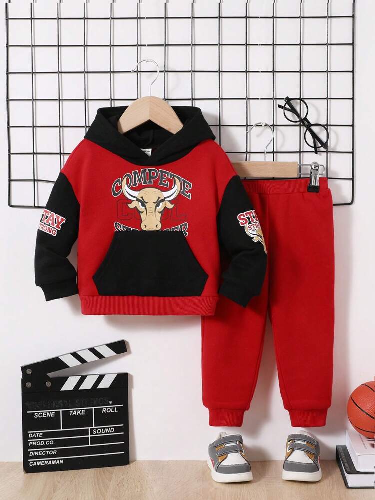 Infant Boys' Casual Hooded Sweatshirt With Bull's Head Design And Elastic Waist Long Pants Set