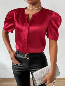 SHEIN ChicEase 女用缺口領泡泡袖襯衫 - 紅色 - 查看 4