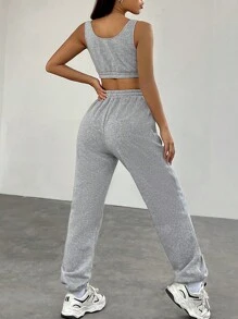 SHEIN EZwear 女款純色短背心和連身褲套裝 - 灰色 - 查看 2