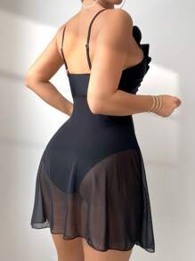 SHEIN Swim 夏季黑色网眼连体泳衣 - 黑色 - 查看 2