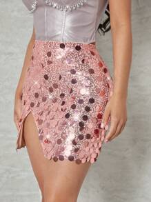 SHEIN Unity Falda Bodycon Mini Con Lentejuelas Y Abertura En El Dobladillo - Rosa - Ver 3