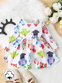 Infant Girls' Spring Owl Printed Cute Daily Casual Dress