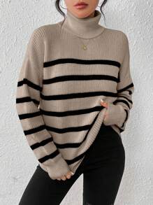SHEIN Essnce Women'S High Neck Striped Sweater - Mocha Brown - View 4