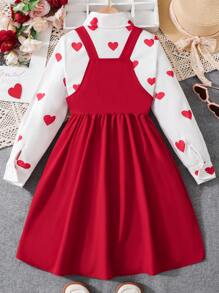 SHEIN Blusa De Manga Larga Y Vestido General Con Estampado De Corazones Para Niñas Preadolescentes, 2 Piezas/juego - Rojo - Ver 2