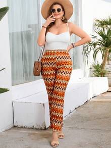 SHEIN VCAY 加大尺碼高腰全長印花喇叭褲 - 彩色 - 查看 5