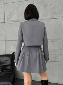 SHEIN Cottnline Women's Short Single-breasted Suit Jacket & Skirt Set - Dark Grey - View 2