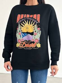 EURMUSE Felpa Da Donna Con Stampa Di Cactus E Lettere Con Spalle Scese E Grafica Del Sole - nero - Visualizzare 4