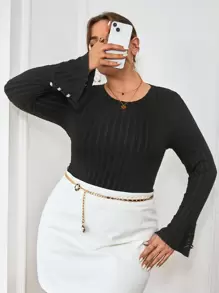 SHEIN Privé 大尺碼女條紋喇叭袖 T 卹 - 黑色 - 查看 1