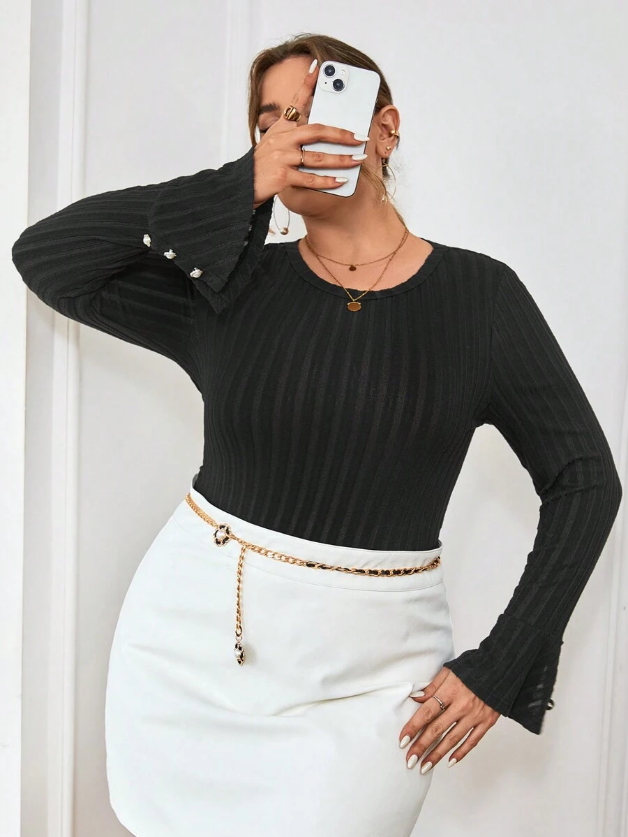 SHEIN Privé 大尺碼女條紋喇叭袖 T 卹 - 黑色 - 查看 1