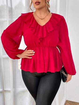 SHEIN Privé Plus Size V-Neck Lantern Sleeve Blouse With Ruffle Trim