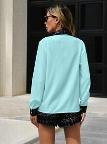 SHEIN Privé Kẻ sọc Vá lại Áo sơ mi Và Kẻ sọc Quần short Hai chiếc Bộ - Màu xanh nhạt - Xem 2