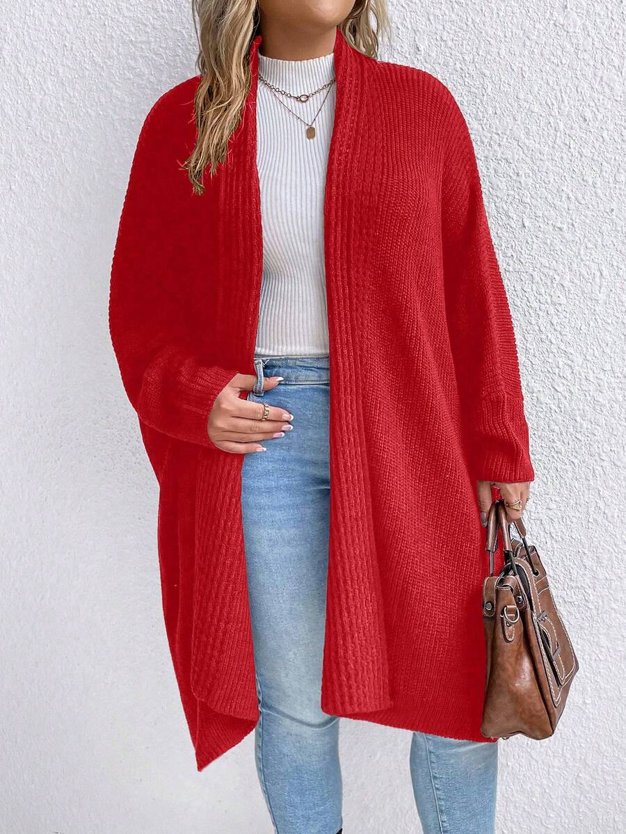 SHEIN CURVE+ Plus Size Solid Color Batwing Sleeve Cardigan - Red - View 1