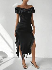 Zolique Women'S Ruffle Hem Pleated Split Dress - Black - View 4