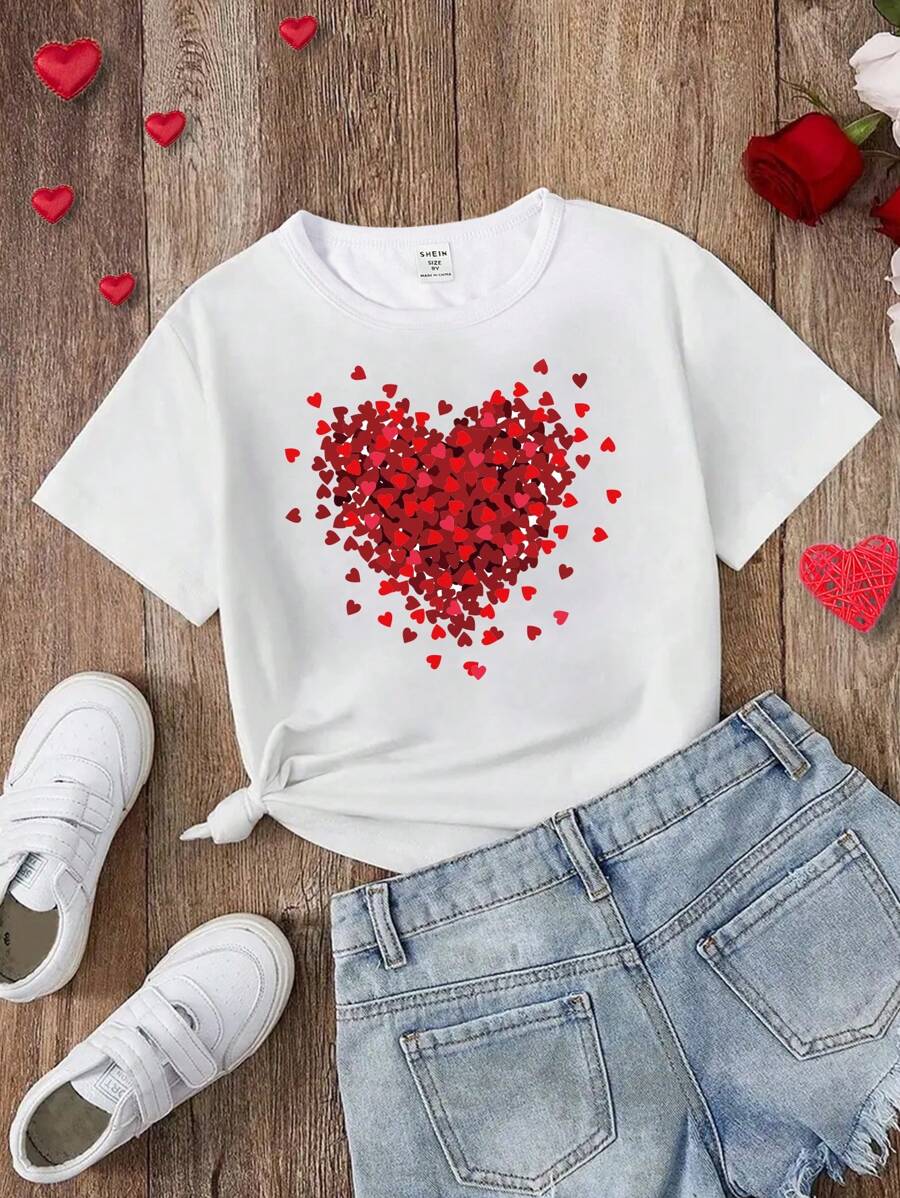 少女时尚休闲红色爱心图案印花短袖T恤，母女装（每件单独出售） - 白色 - 查看 1