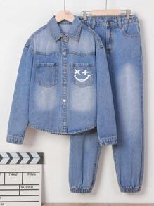 Traje De Mezclilla Impreso Para Niños Con Patrón De Cara De Dibujos Animados - Azul lavado medio - Ver 1