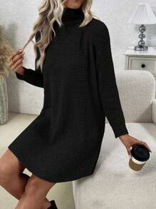 SHEIN LUNE Vestido Tipo Suéter Con Mangas Raglán Y Cuello Alto De Color Liso Para Mujer - Negro - Ver 4