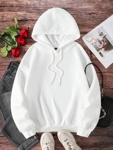 SHEIN EZwear 女士白色帽衫，背部設計心形圖案，休閒合身，情人節 - 白色 - 查看 2