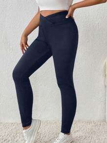 SHEIN LUNE 大码女式保暖内衬 V 腰紧身裤 - 藏蓝色 - 查看 3