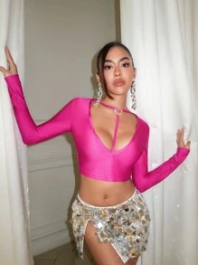 SHEIN ICON 深v領長袖緊身t恤,具有心型鑽石套鈕裝飾 - 玫紅色 - 查看 1