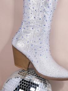 SHUZIA 畅销女式闪亮渐变水钻粉蓝及膝牛仔靴：Tayler Swit 风格，引人注目的奢华，节日派对必备品 - 粉色 - 查看 6