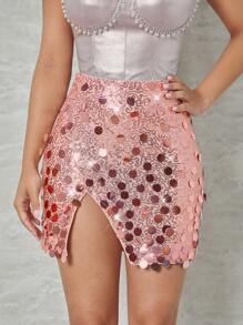 SHEIN Unity Falda Bodycon Mini Con Lentejuelas Y Abertura En El Dobladillo - Rosa - Ver 1