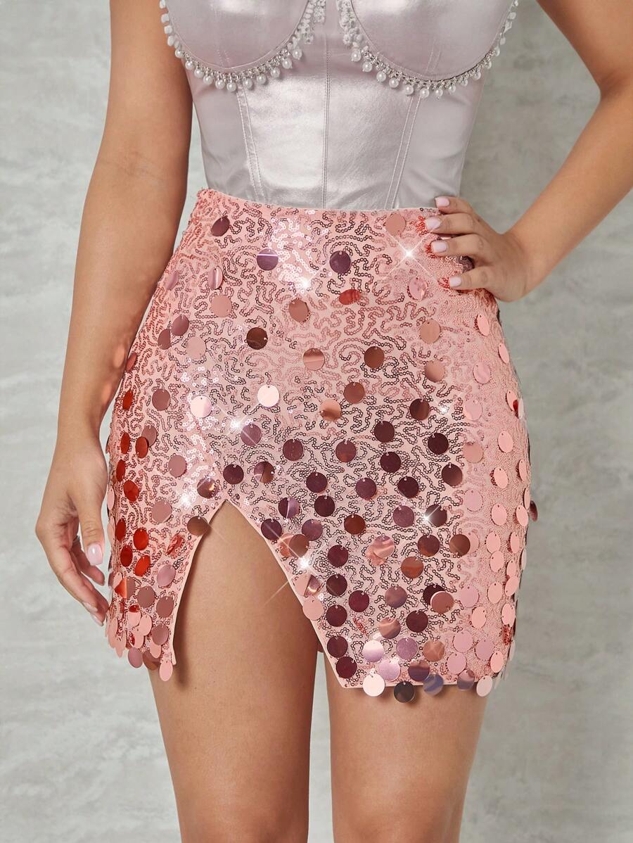 SHEIN Unity Falda Bodycon Mini Con Lentejuelas Y Abertura En El Dobladillo - Rosa - Ver 1