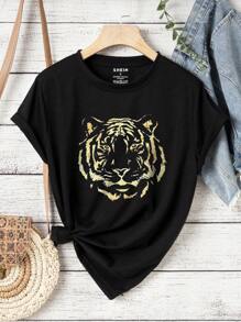 INAWLY Women's Tiger Printed Short Sleeve T-Shirt Graphic Tees Women Tops - Black - View 3