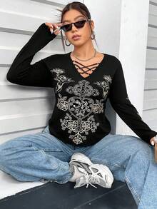 Flirla Của phụ nữ Kích thước lớn Mặt trước Sự tréo nhau Dây đeo Hoa văn chữ thập Tay áo dài Áo thun - màu đen - Xem 3