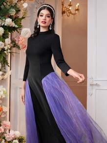 Modelyn Vestido largo de manga larga con paneles de malla de bloques de color sin cinturón, vestidos de noche largos - Multicolor - Ver 3