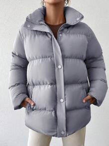 EURMUSE Zip Up Snap Button Puffer Coat - Grey - View 5