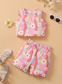 小女孩花卉條紋印花無袖上衣和短褲套裝 - 粉色 - 查看 6