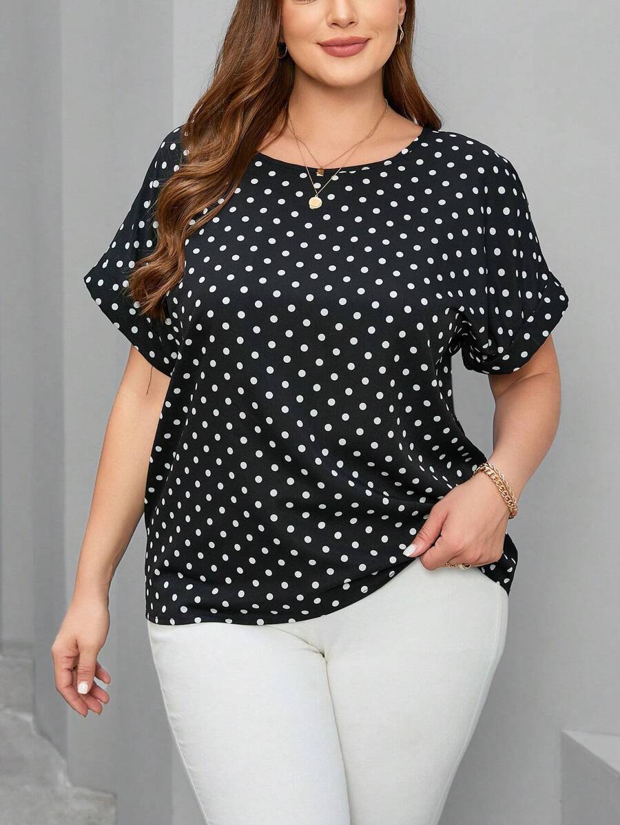 SHEIN Clasi Plus Size Polka Dot Printed Blouse For Summer - Black - View 1