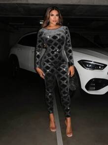 SHEIN SXY Gợi cảm Hộp đêm Của phụ nữ Long lanh Kim cương Mẫu Vải nhung đen Chất liệu Lớn Không lưng Đàn hồi cao Chặt Áo liền quần - màu đen - Xem 3