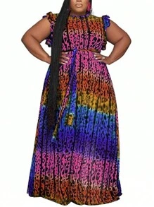 Maweii 大码女式豹纹渐变色盖袖摆裙 - 玫紅色 - 查看 3